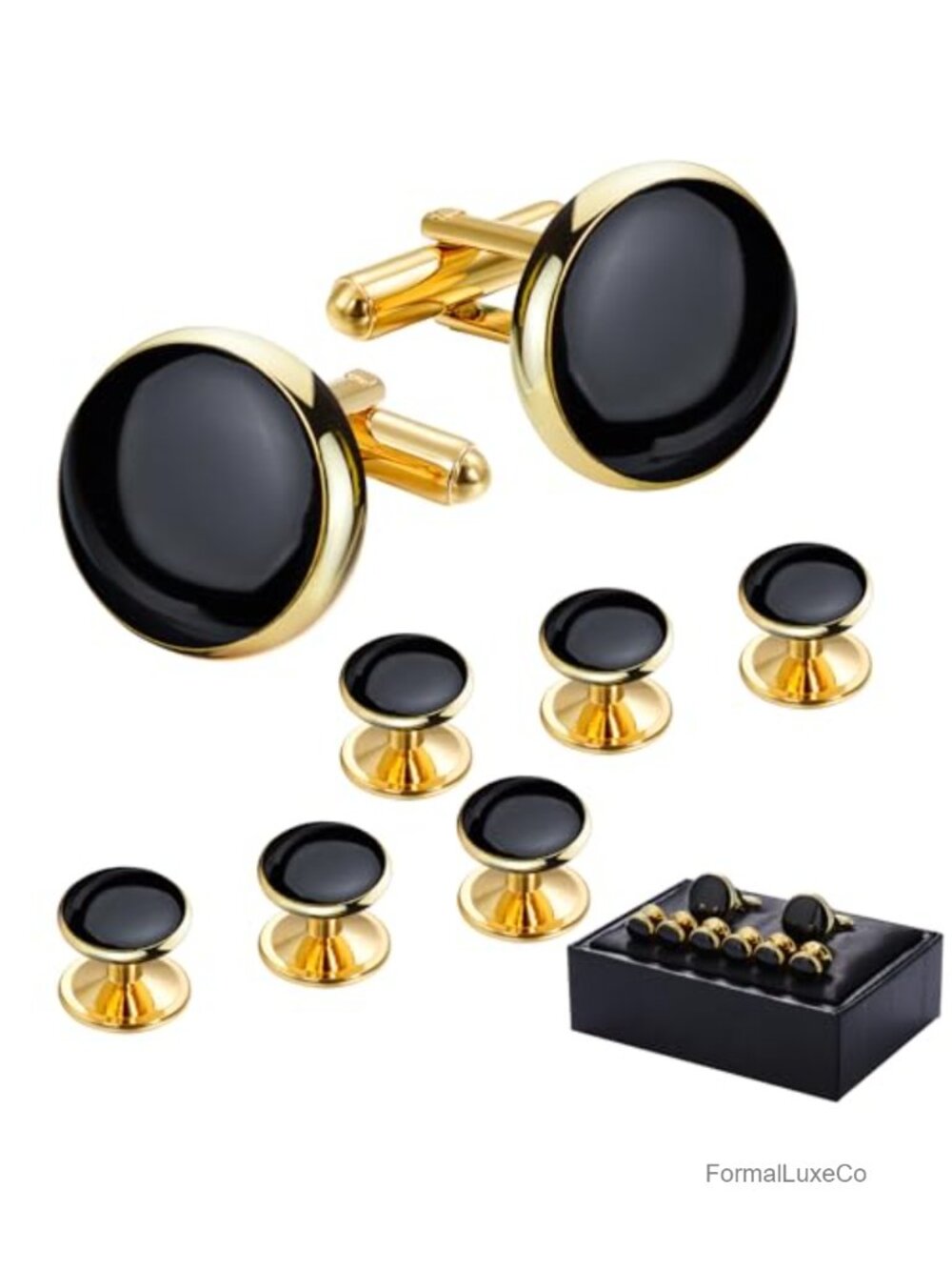 Men's Cufflinks and Tuxedo Studs Set with Gift Box, Stainless Steel, Round,